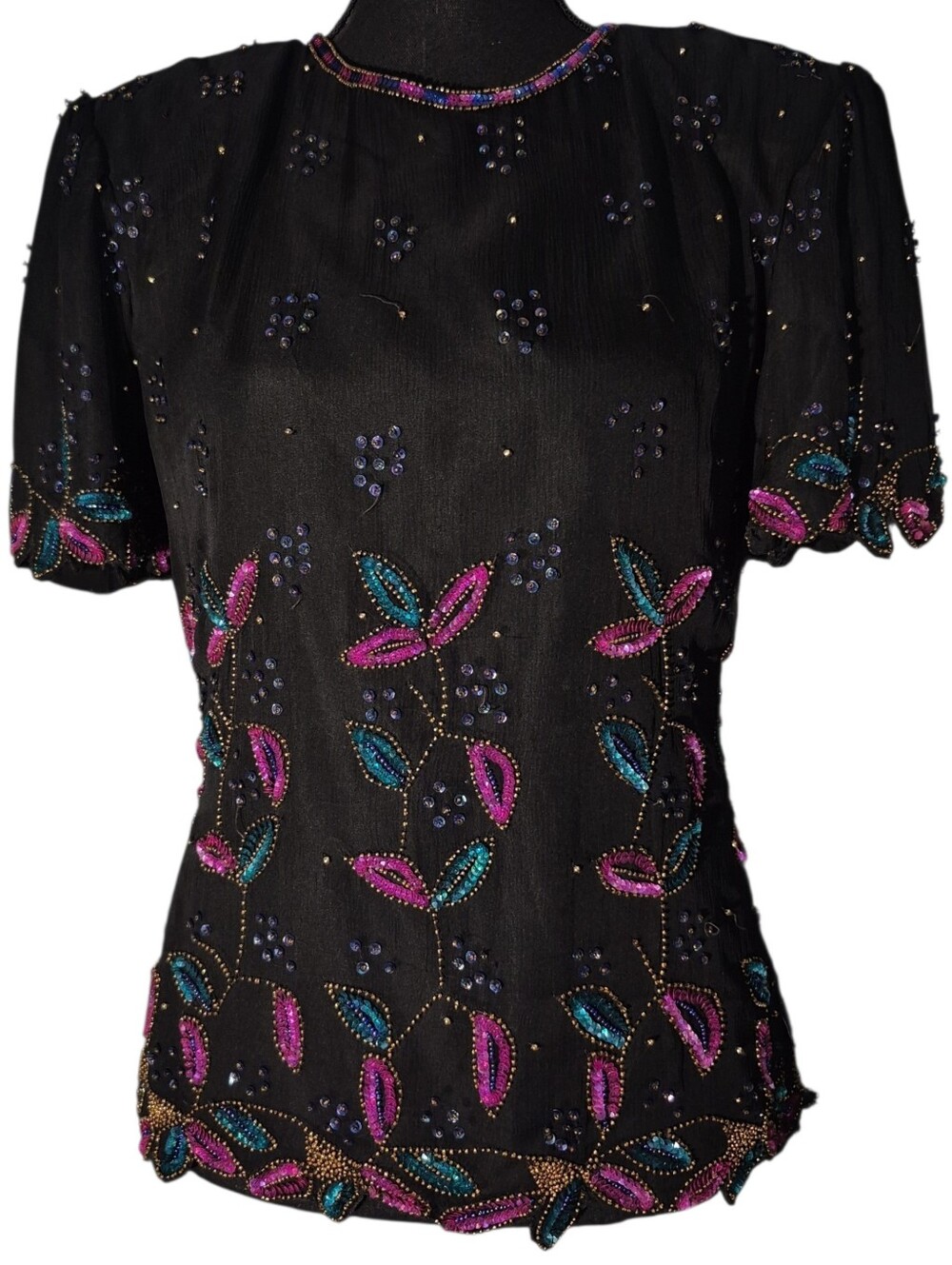 Vintage Stenay Sequin 100% Silk Short Sleeve Vibrant Beaded Top - Size Small